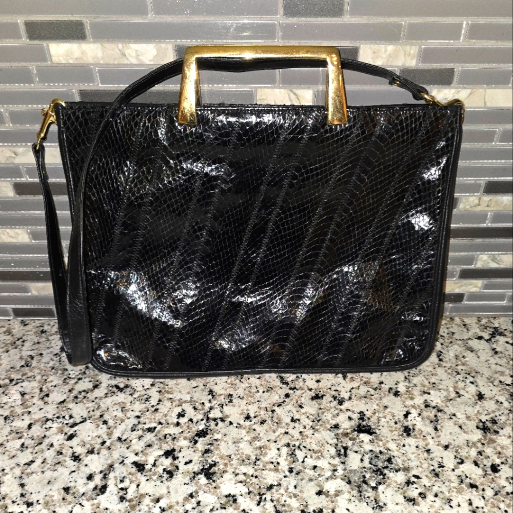 Vintage 80's Elegant Black Handbag with Gold Accents